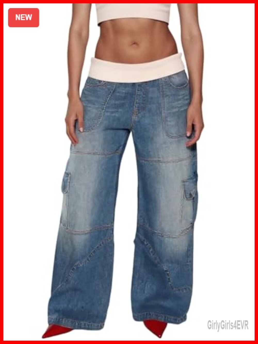 High Waisted Barrel Jeans Lace Patchwork Wide Leg Cargo Stretch Denim Pants